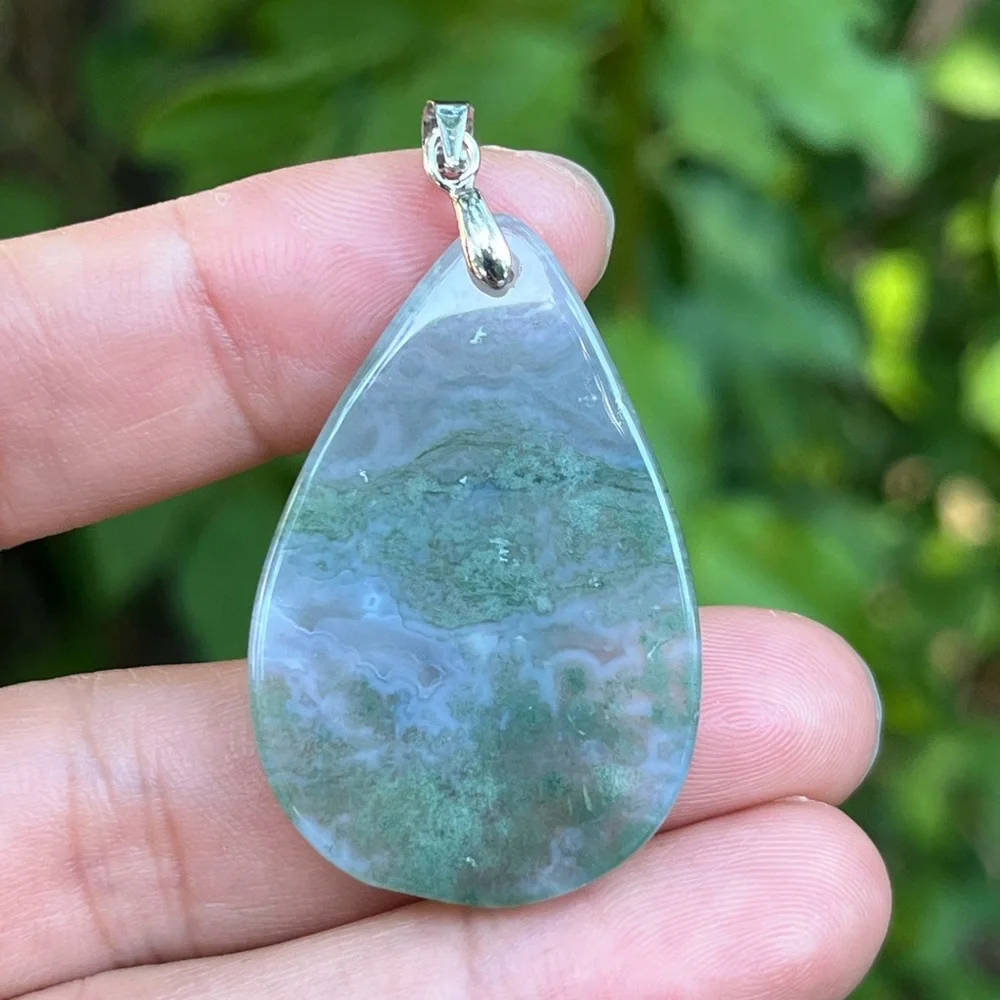 Sterling silver 925 stamped teardrop moss agate pendant‎